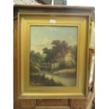 A gilt framed oil on canvas of a lady on a bridge in country cottage scene