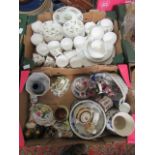 Two trays of ceramic table ware to include a leaf and floral decorated part tea set, vases,