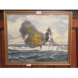 A framed oil on board of H.M.S Nelson signed bottom left A.J.