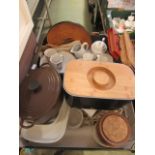 Six trays of assorted ceramic, glass, and metalware to include plates, storage jars, pans,