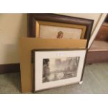 An oak framed and glazed needlework of young lady together with a photo of bridge over river,