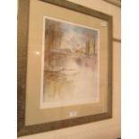 A framed and glazed signed print of house by lake scene