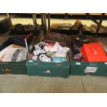 Three trays of assorted electrical and other items to include art ware