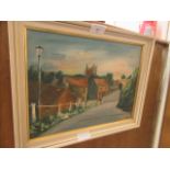 A framed oil on board of a village street scene