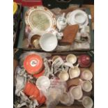 Two trays of ceramic ware to include a part Carlton ware modern coffee set, a carved wooden box,