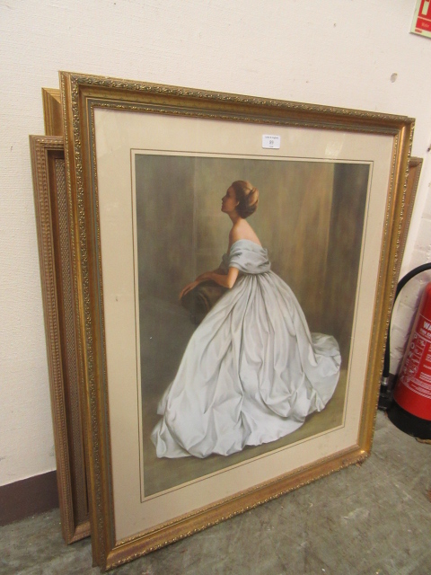 Three assorted modern gilt framed and glazed prints, one of lady,