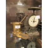 Two sets of early 20th century postage scales, a brass mortar and pestle,