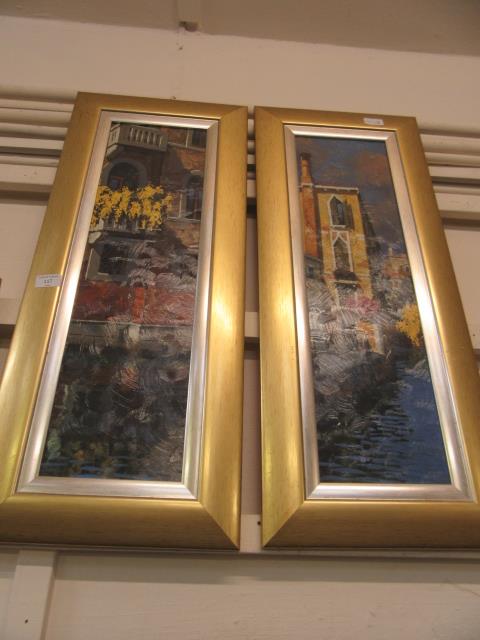 A pair of modern gilt framed oleographs of continental scenes