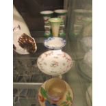 A selection of ceramic ware to include green floral decorated bird design vases,