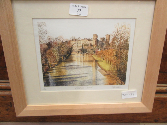 A framed and glazed limited edition print of Warwick Castle 19 of 750 signed in pencil