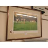 A framed and glazed limited edition print of cricket titled 'The Demon Bowler' by John Haskins
