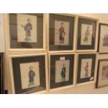 A set of six framed and glazed Japanese paintings of Geisha girls etc.