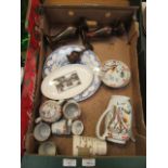 A tray containing a pair of metalwork eastern style vases, Goss ware,