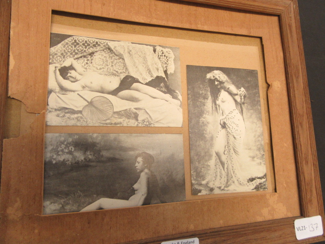 A framed collection of semi-nude prints of ladies
