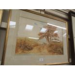A framed and glazed possible watercolour of farmers camping in field