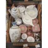 A tray containing pink and white, blue and white Jasperware, Wedgwood Oriental style vase, teapot,