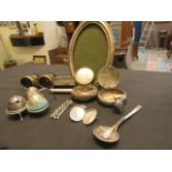 A box of plated ware to include a photo frame, binoculars, small cases,
