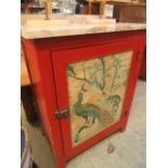 A pink marble topped red painted cupboard CONDITION REPORT: Dimensions;