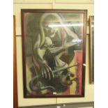 A large framed and glazed pastel of scary jester signed Nic Morris