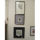 Three framed and glazed limited edition prints titled "magpie", "any scraps?", signed in pencil M.E.