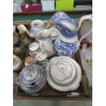 A tray containing blue and white water jugs, tea pots, bowls etc.