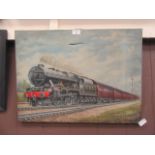 An unframed oil on canvas of a steam locomotive signed bottom right L.V.