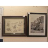 A framed and glazed print of fisherman together with a framed and glazed photograph of steam