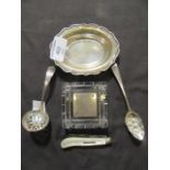 A silver hallmarked pin dish together with two silver hallmarked spoons,