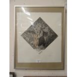 A framed and glazed artist's proof print of cat 'Paddy' with flowers signed bottom right M.E.