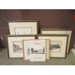 Eight Paul Quinet framed and glazed etchings along with a book relating to Paul Quinet