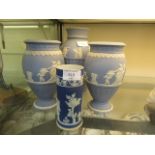 Four blue and white Wedgwood Jasperware vases