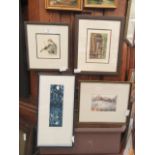 Four framed and glazed limited edition prints of violinist, hallways, city scene,