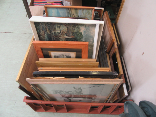 A tray of framed and glazed and unframed prints etc.