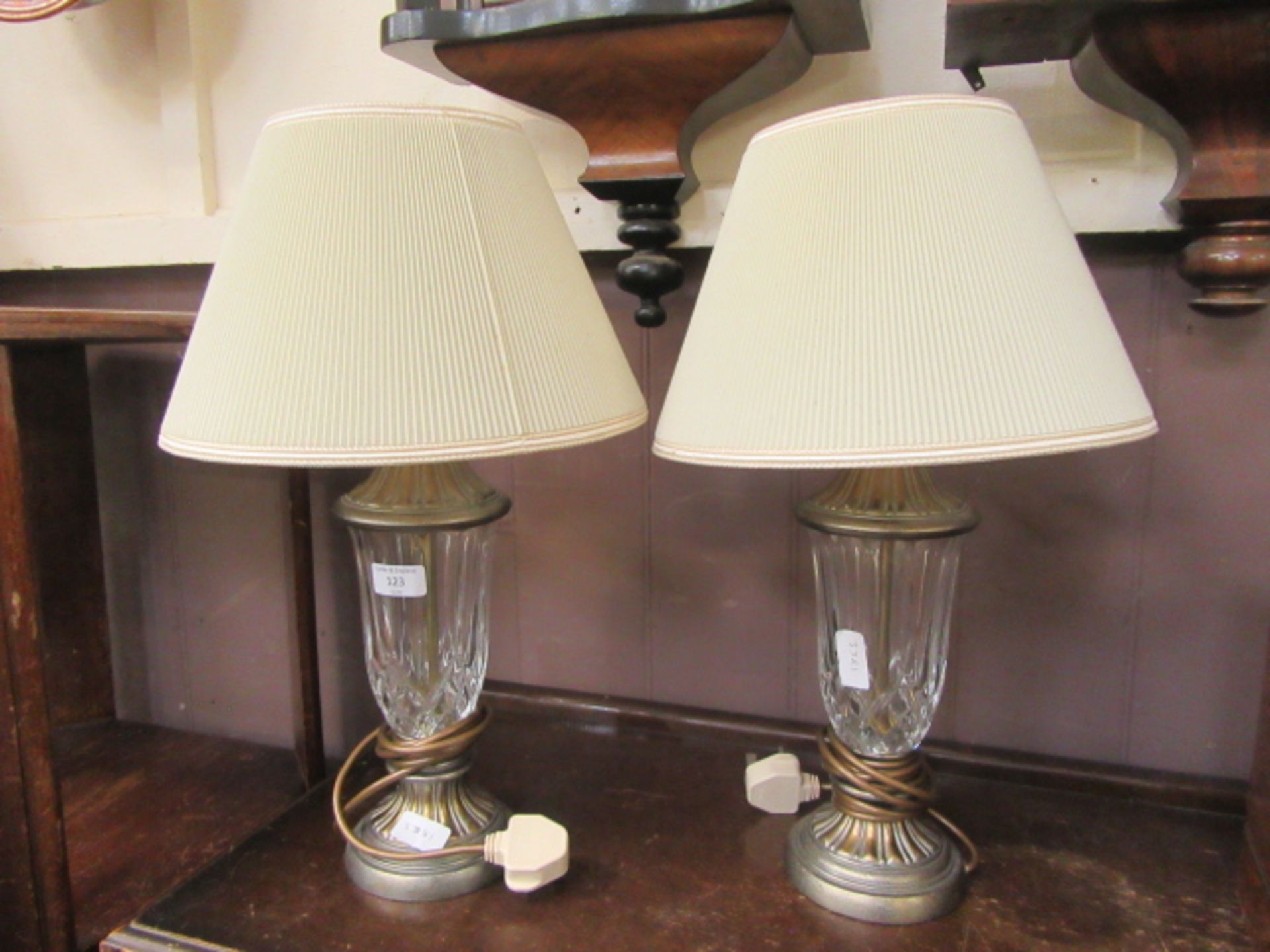 Two cut glass and metal table lamps with shades