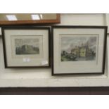 Two framed and glazed coloured etchings of stately buildings