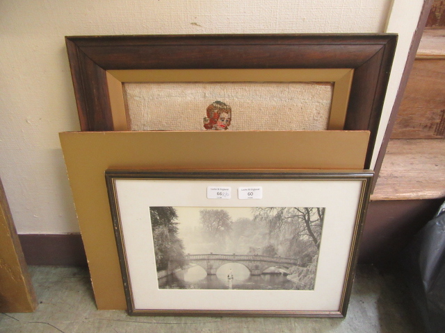 An oak framed and glazed needlework of young lady together with a photo of bridge over river,