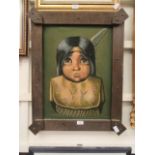 An oak framed felt artwork of crying first nations American girl