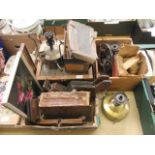 A tray containing paraffin stoves, bellows, wooden plane, holy bible ,