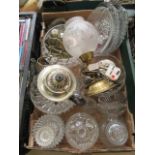 A tray containing mainly glassware to include dishes, bowls, plated teapot,