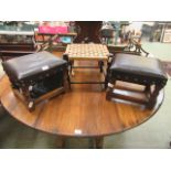 A pair of oak stools together with an oak stool with seagrass webbing