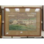 A framed and glazed watercolour of farm scene in valley signed W.M.