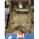 A tray containing brass trivet, brass blowlamps,