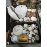 Two trays of ceramic ware to include slop bucket, cups, saucers, coffee pot, butter dish etc.