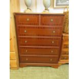 A modern mahogany veneered chest of two short over four long drawers