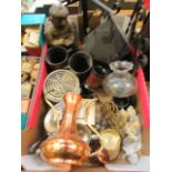 A tray containing a metalwork lantern, tankards, figurine etc.