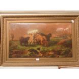 A gilt framed oleograph of highland cattle