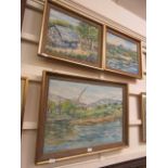 Three framed and glazed oils on board of village scenes signed M.