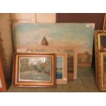 Four oils on board and canvas together with a framed and glazed watercolour of pond scene