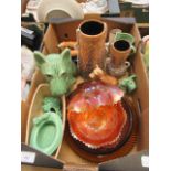 A tray containing Carnival glass, mid-20th century vases, Scottie dogs,