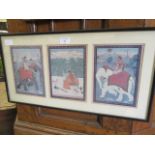 A framed and glazed coloured print of eastern scene including elephants